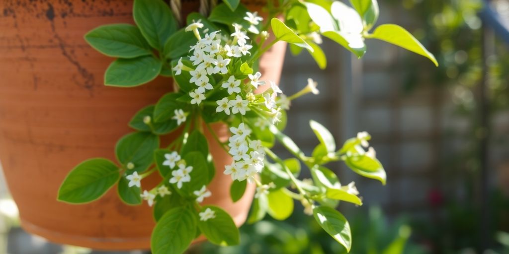 Arrayán del Sur en maceta colgante floreciendo.