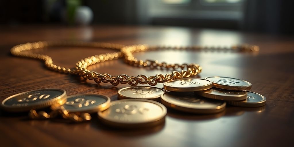 Collier et pièces d'or sur une table en bois.