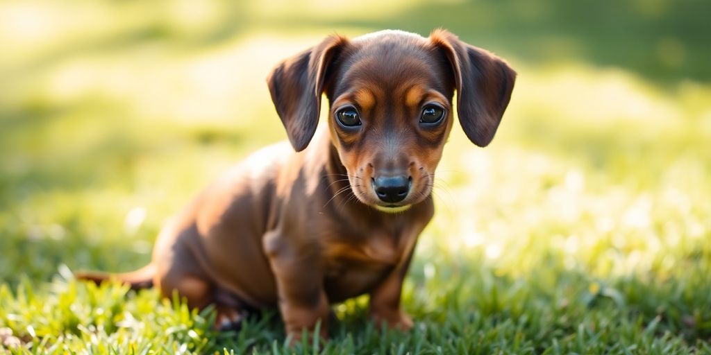 Miniature Dachshund puppy looking up with floppy ears