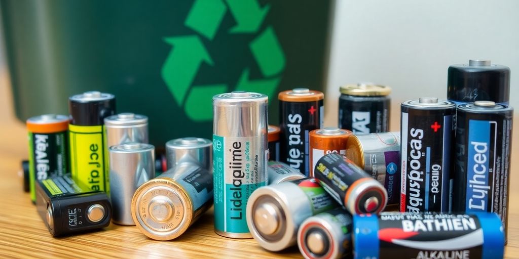 Diverse batteries on wood with a recycling bin background.