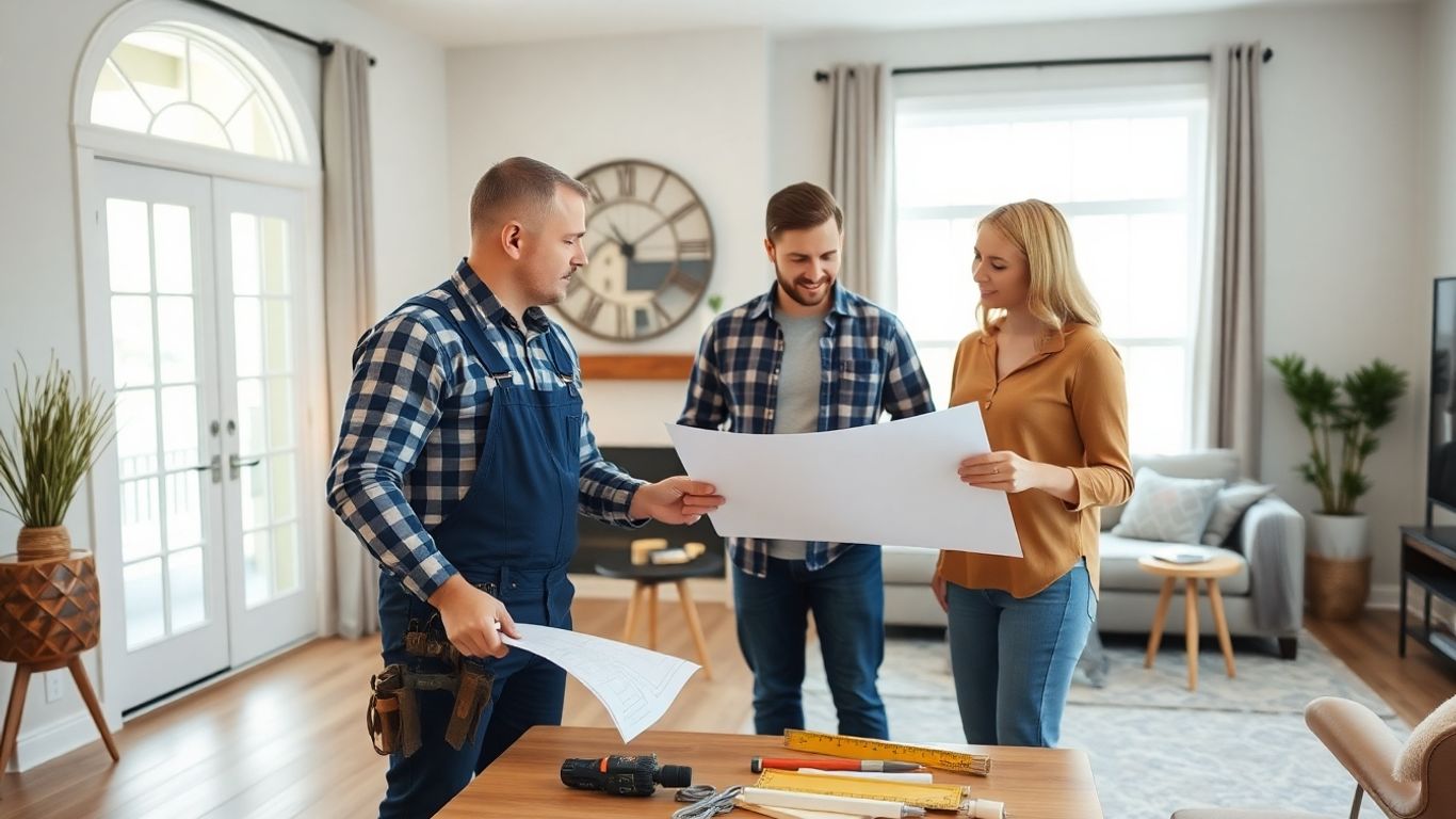 Contractor consulting with couple about Vinings home improvements