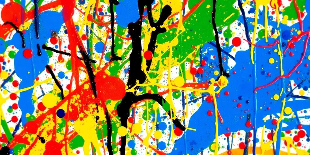 Jackson Pollock's drip painting with vibrant paint splatters.