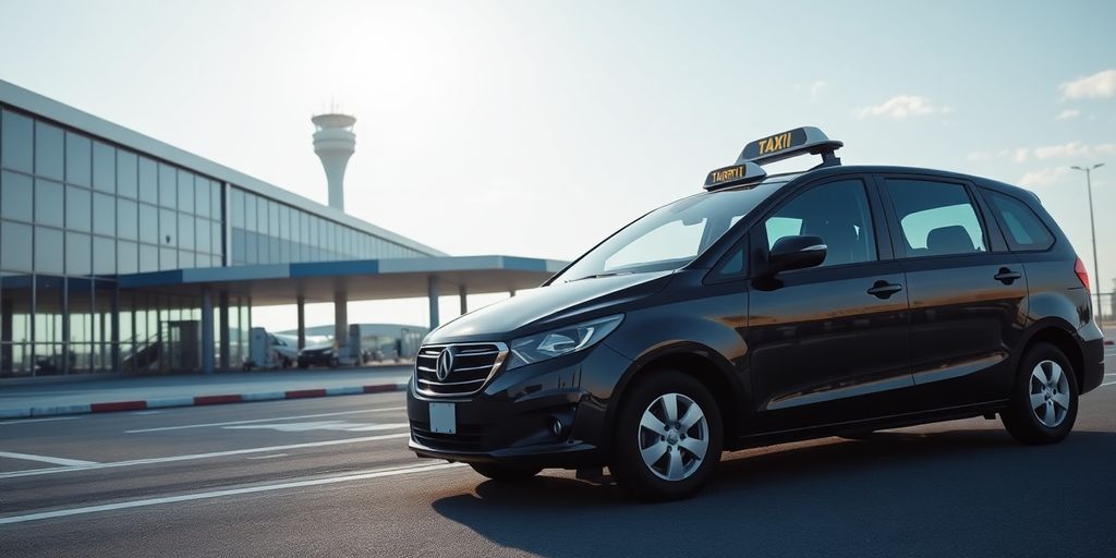 Professional taxi waiting at airport terminal for passengers.