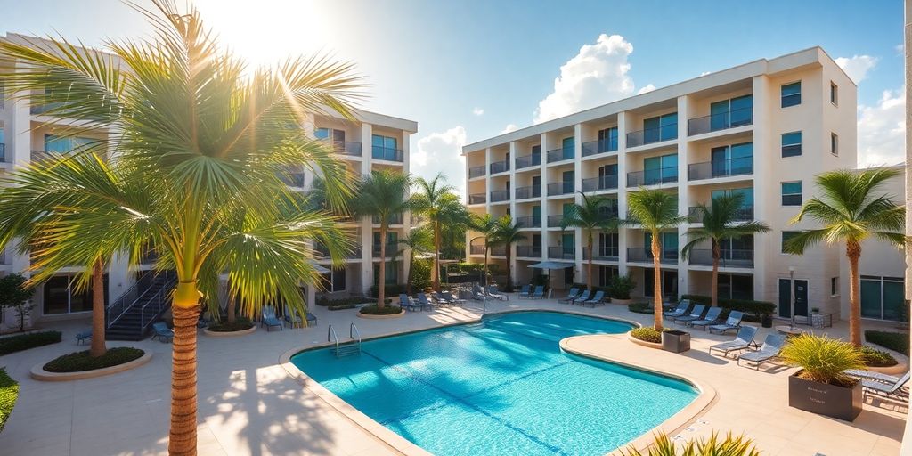 Luxury Aventura apartments with pool and palm trees.