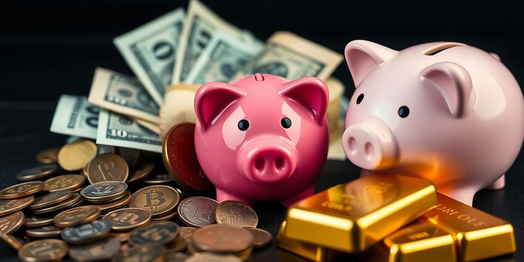 Monnaie et lingots d'or sur une table en bois.