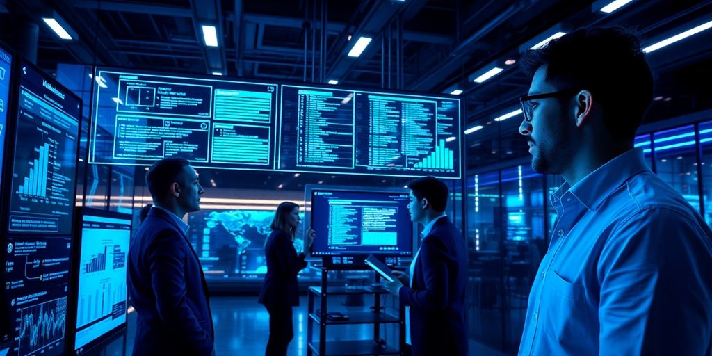 Ambiente moderno com profissionais e tecnologia de IA.