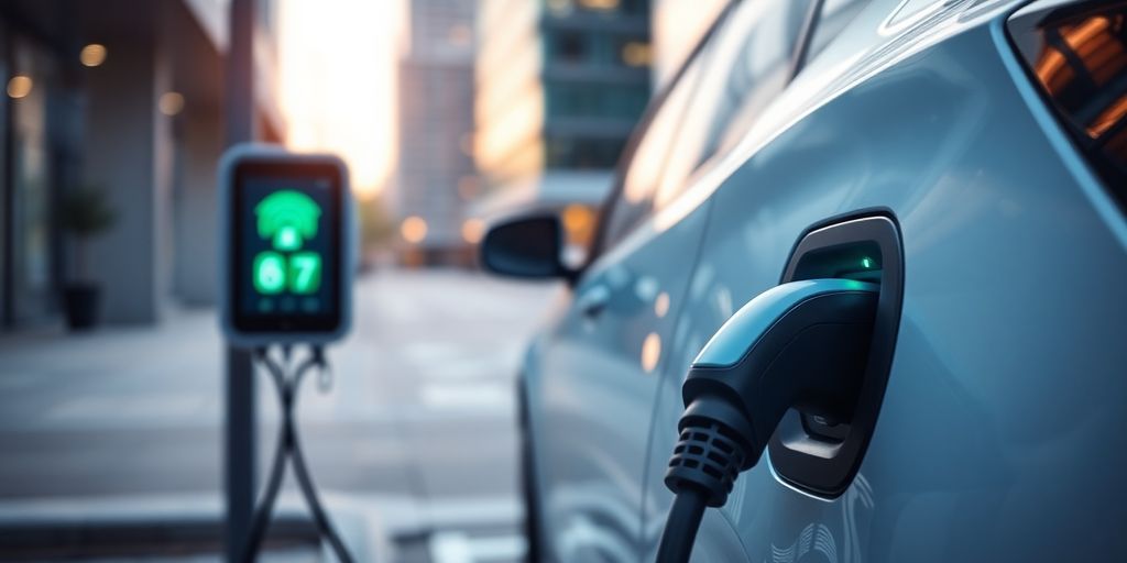 Electric vehicle charging at a modern station in urban setting.