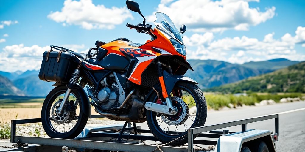 Motorcycle on a trailer, prepared for long-distance transport.