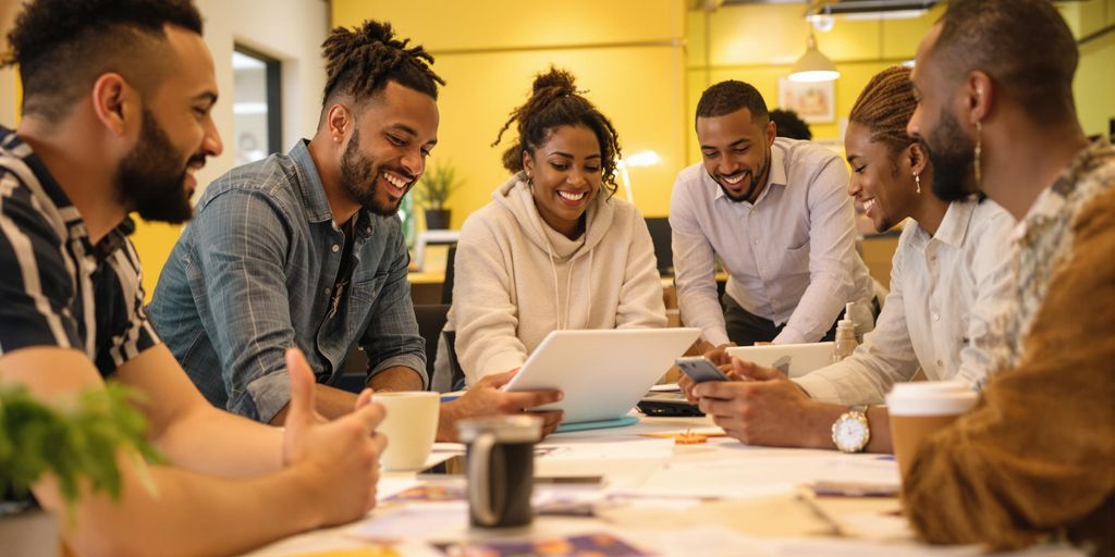 Diverse team engaged in discussion around a collaborative table.