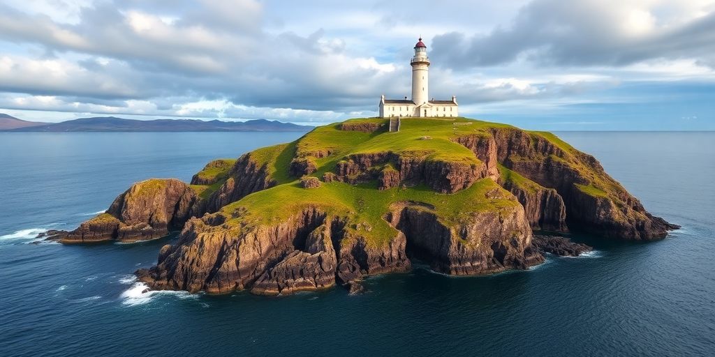 Schottische Insel mit Leuchtturm und dramatischem Himmel.