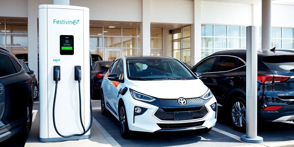 Electric vehicle charging station at a car dealership.