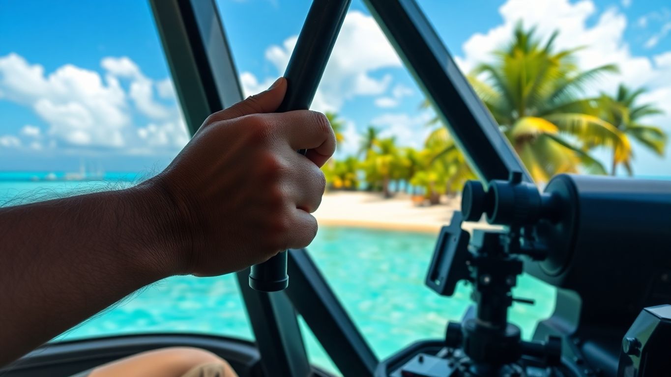 Operator's hand on controls, vibrant island backdrop.