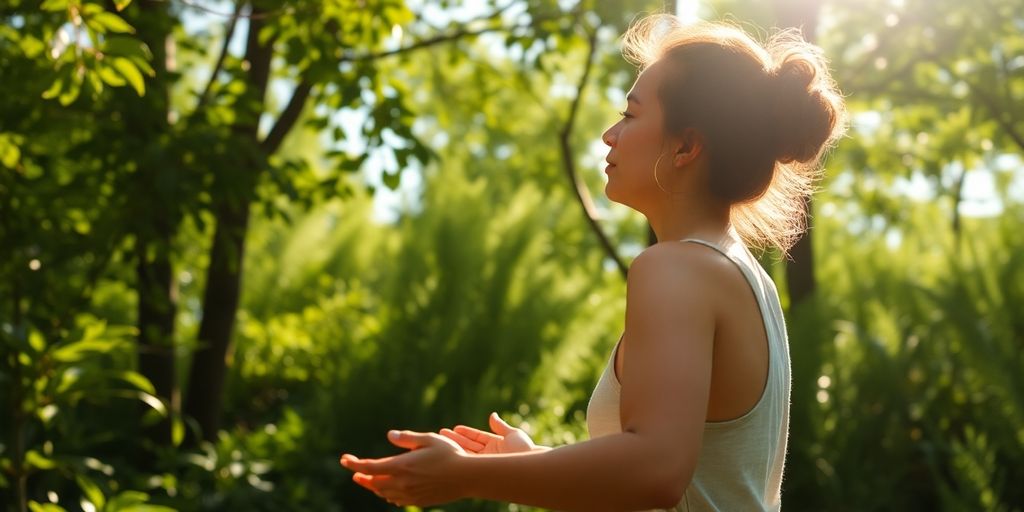 Person in serene outdoor setting practicing mindful movement.