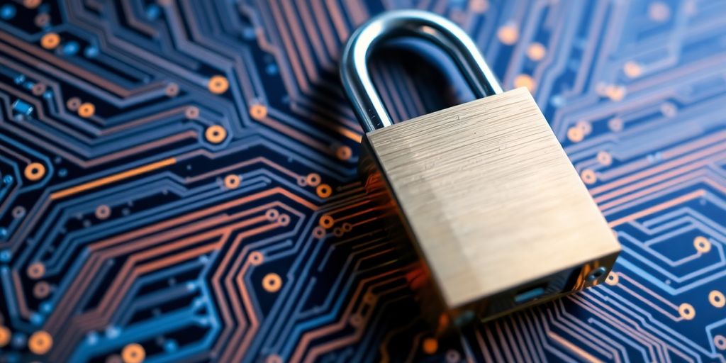Close-up of a lock on a digital circuit board.