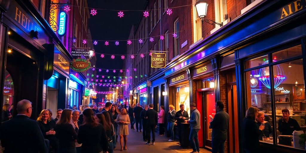 Dublin night scene with live music and bright lights.