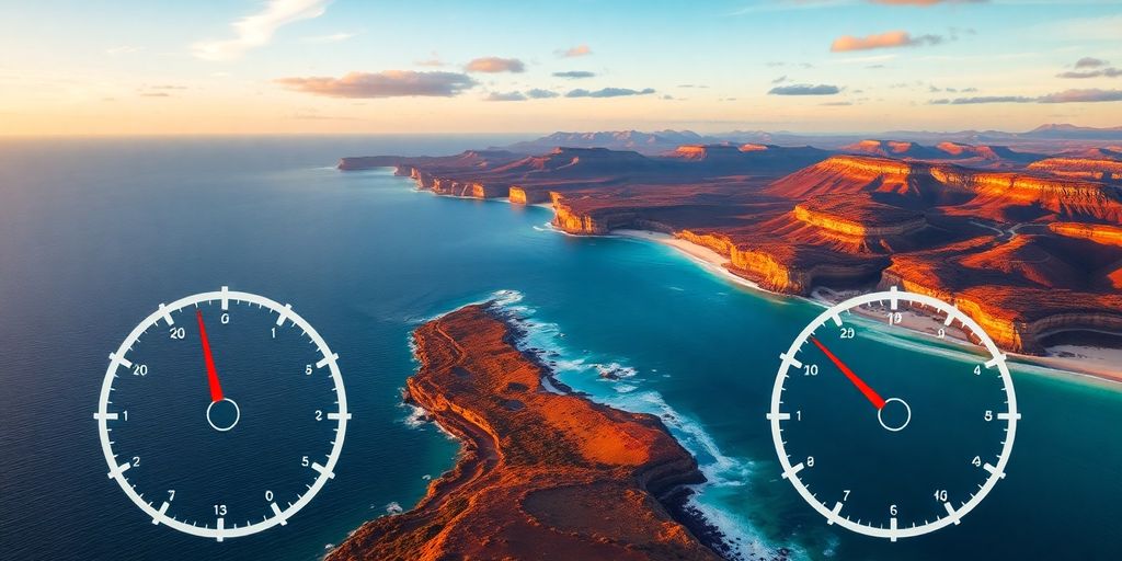 Australian coastline with speedometers reaching high speeds.