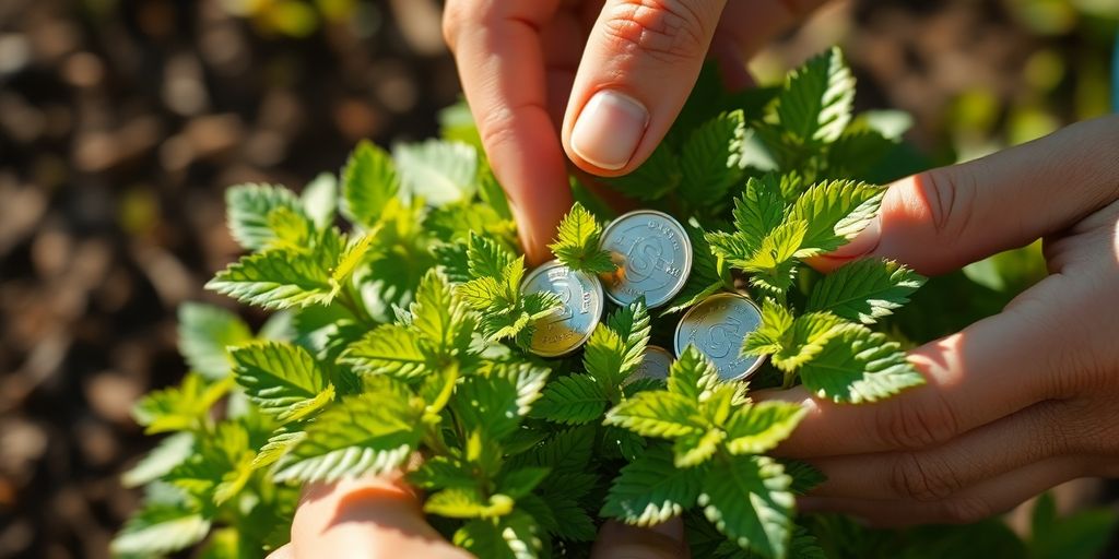 Hands carefully placing coins on growing plant.
