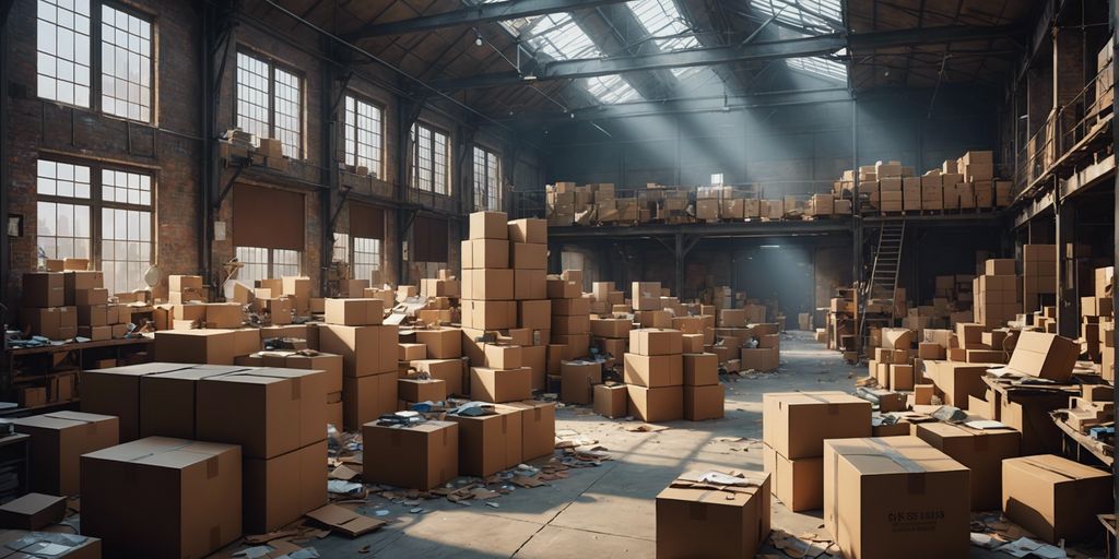 Cluttered warehouse with scattered boxes and equipment, showing the chaos of poor planning during move-in.