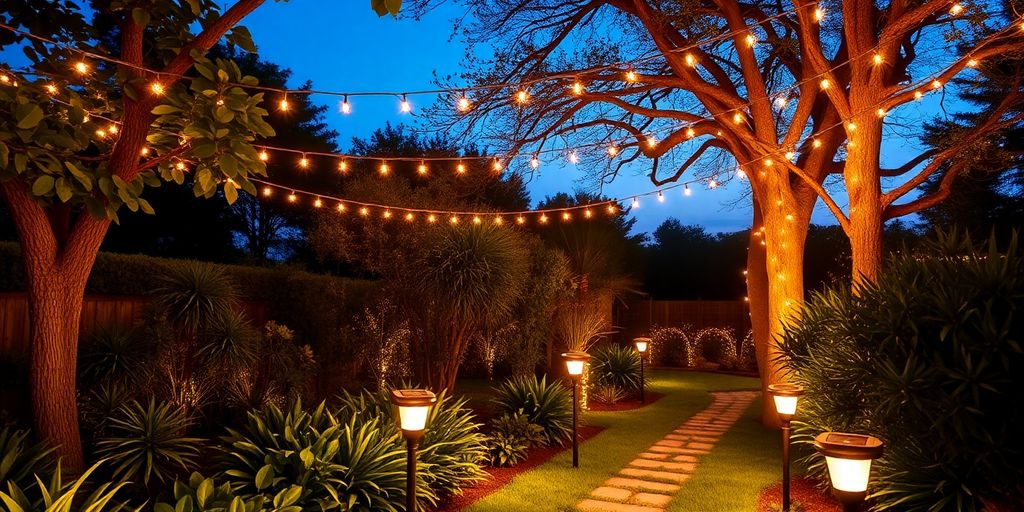 Magical garden path illuminated by warm, glowing lanterns.