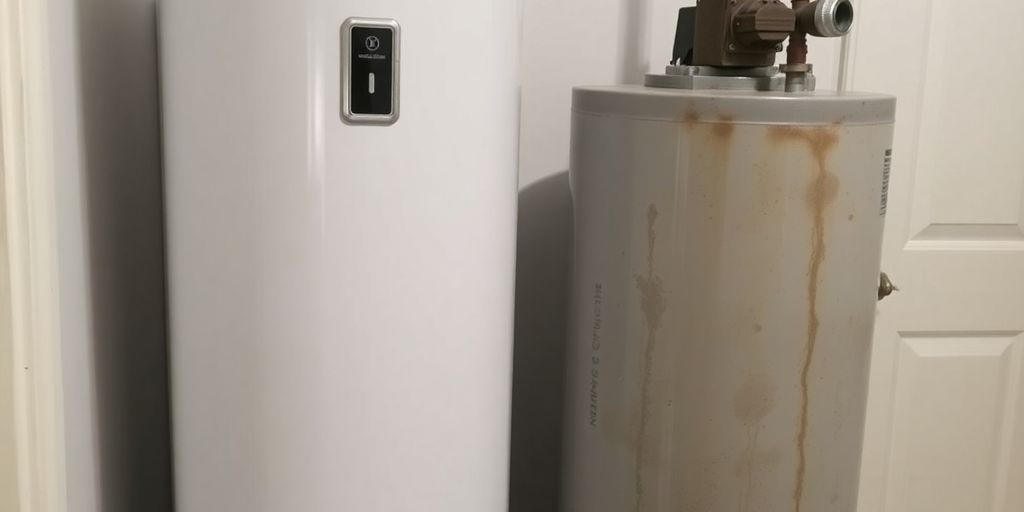 New water heater next to an old, rusted one.