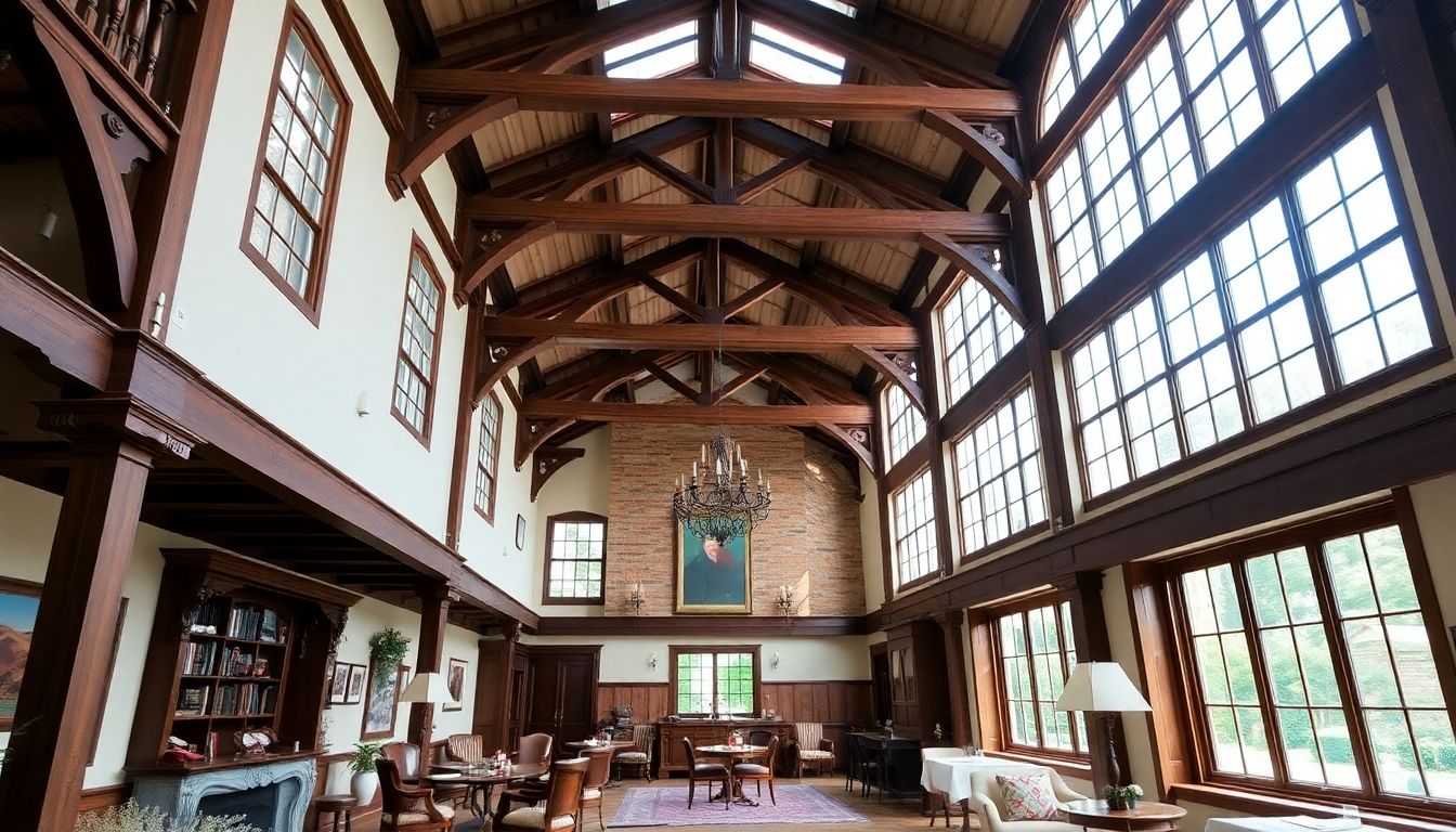 Restored interior of a listed building with wooden beams.