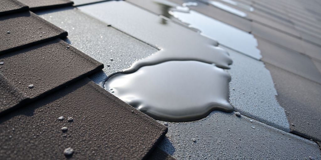 Flat roof with water pooling, indicating potential leaks.