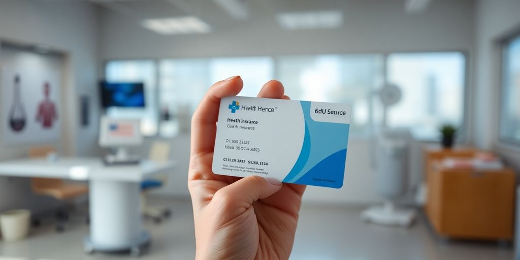 Person holding health insurance card; clinic setting.
