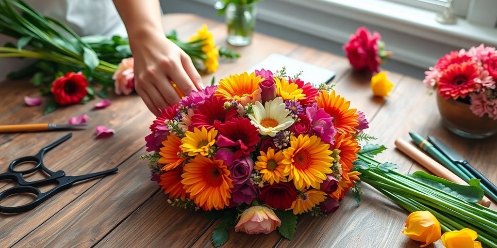 Hands arranging flowers on a wooden table.