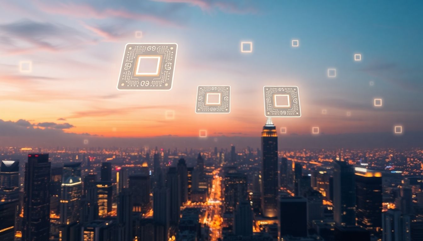 AI chips floating above a futuristic city skyline.