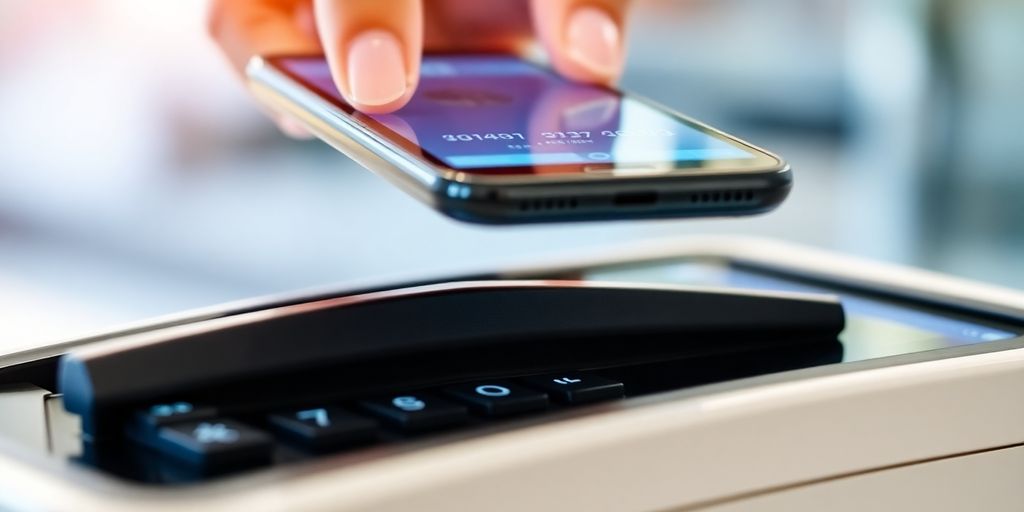 Smartphone above payment terminal, illustrating digital transactions.