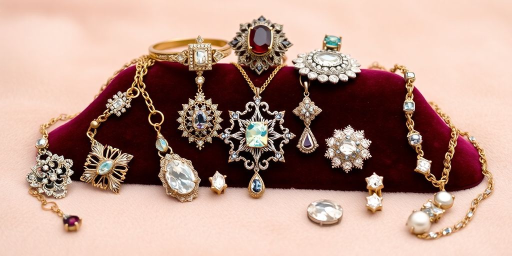 Collection de bijoux anciens sur fond de velours doux.