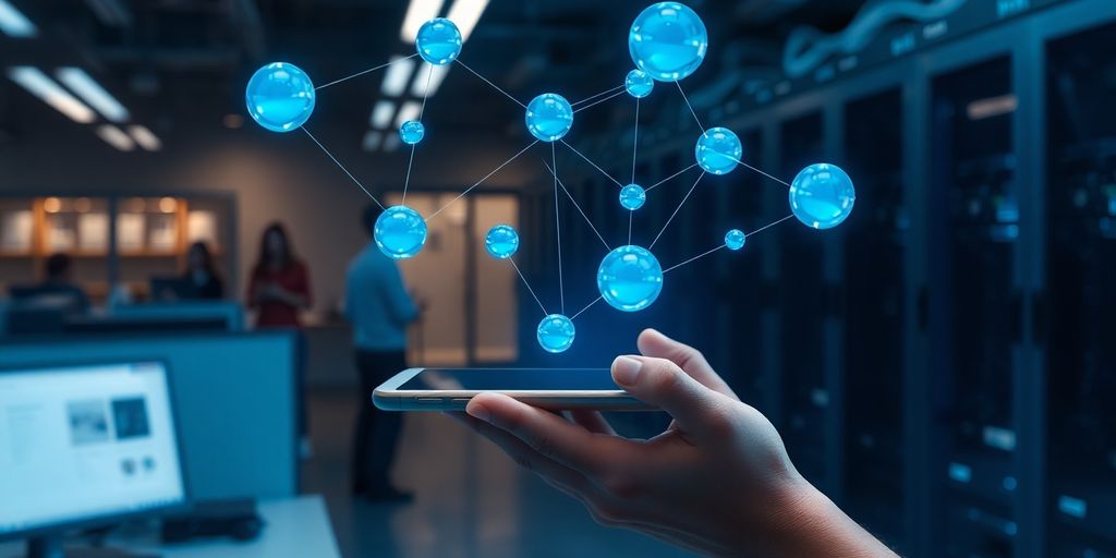 Hands hold smartphone, floating blue spheres linked via glowing lines.