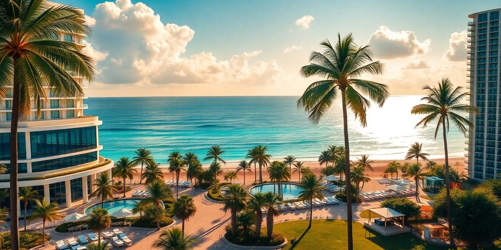 Luxurious beachfront hotels in Aventura, Florida, under the sun.
