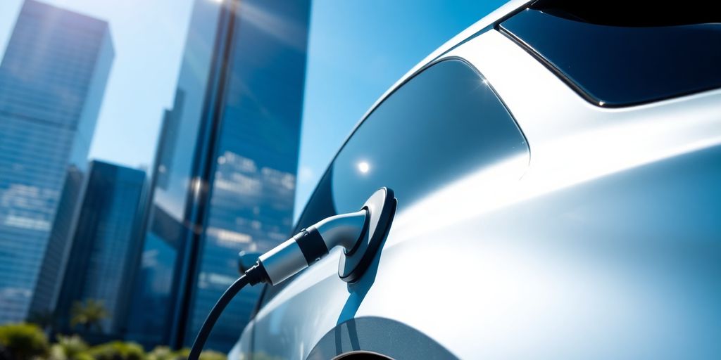 Electric car charging, modern financial district