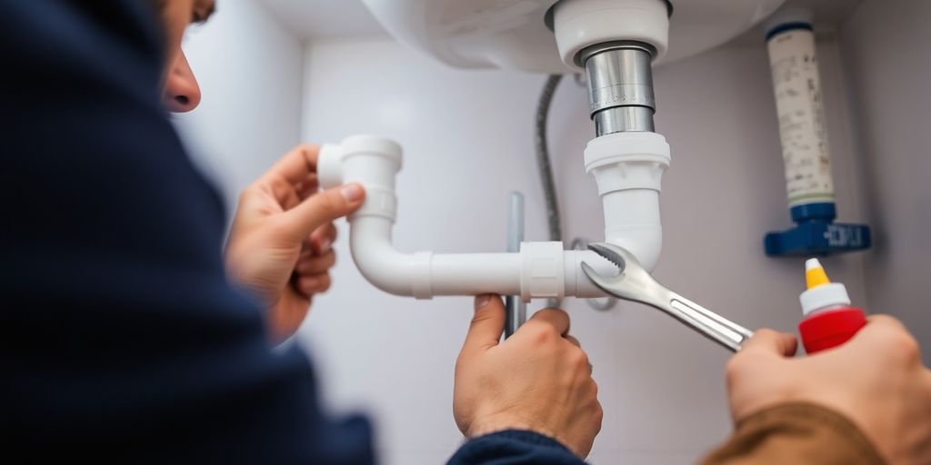 Plumber examining pipes with tools under a sink.