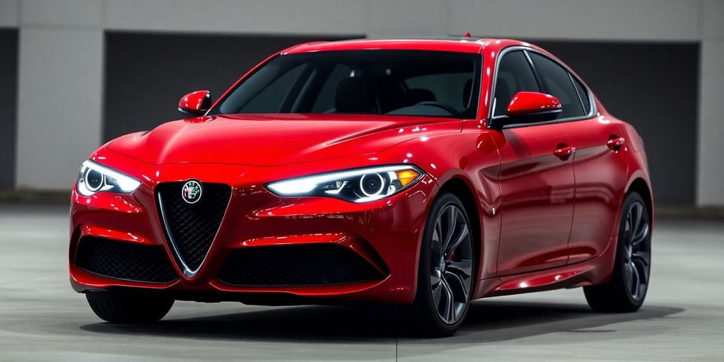 Red Alfa Romeo Giulia EV in motion.