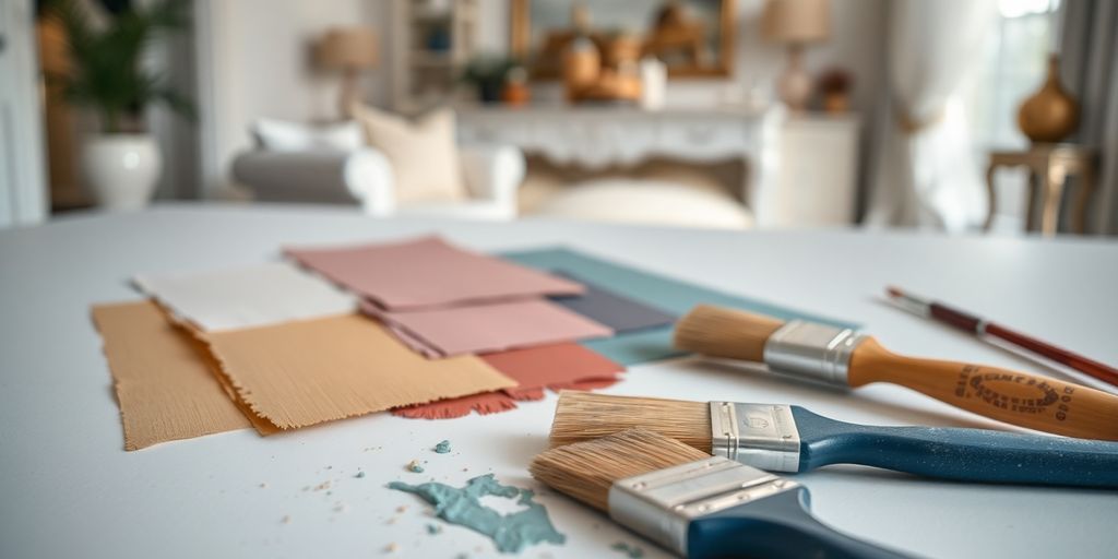Paint swatches, brushes, colorful home interior.