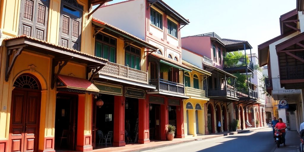 Colorful Sino-Portuguese architecture lining a street.