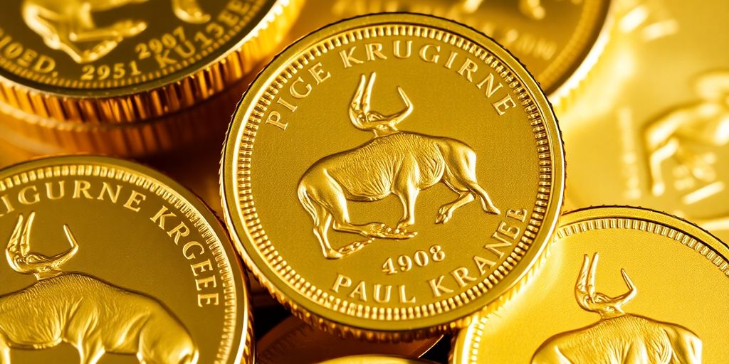 Une pile de pièces Krugerrand dorées en gros plan.