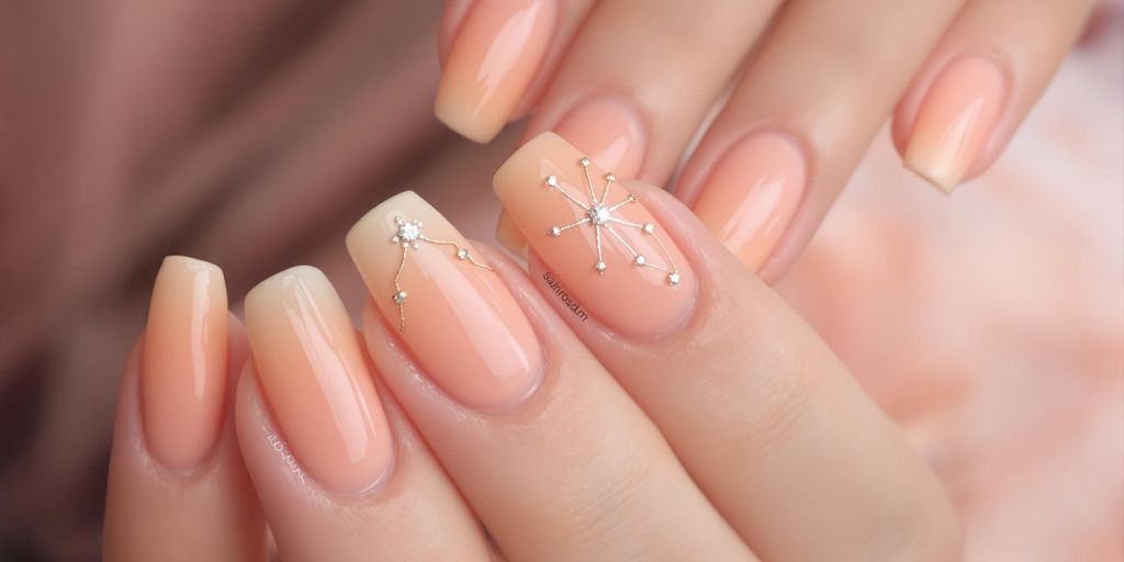 Nails decoradas em tons de pêssego com degradê.