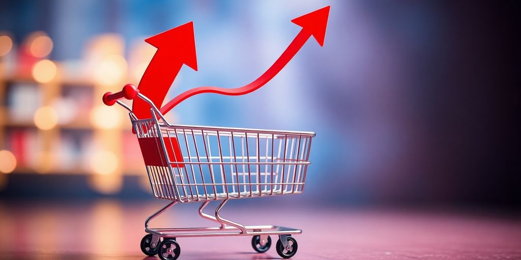 Shopping cart with upward sales arrow.