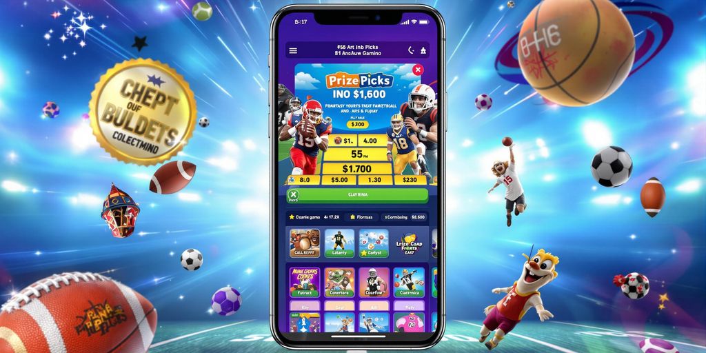 Smartphone with PrizePicks app and sports icons.