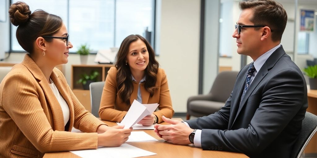 Lawyer consulting with clients about workers compensation claims.