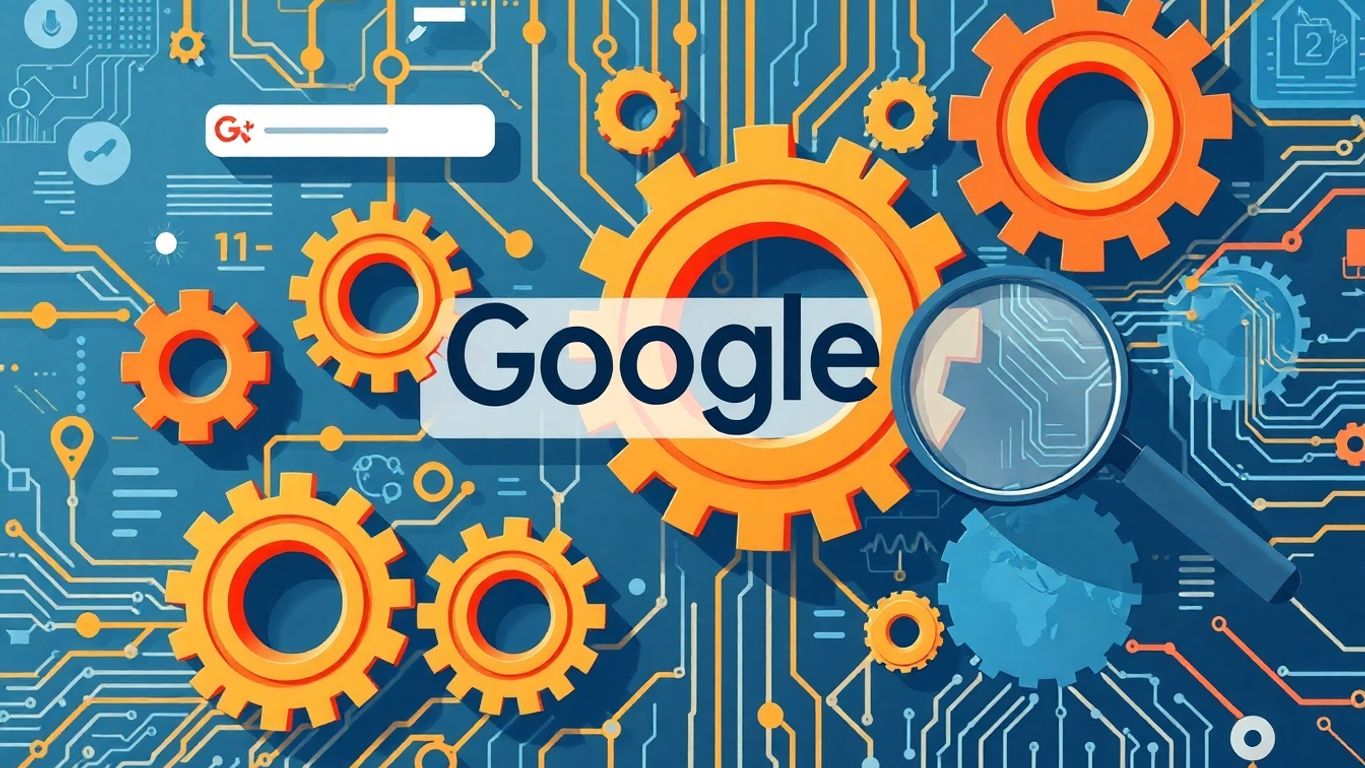 Illustration of gears and circuits related to search algorithms.