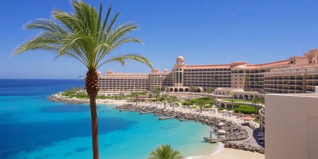 Resort Pueblo Bonito Los Cabos con playa y palmeras.