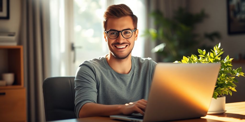 Person working remotely, laptop, bright future