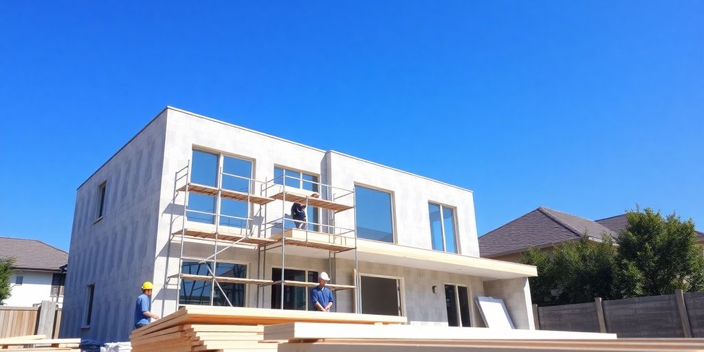 Modern custom home under construction, sunny day.