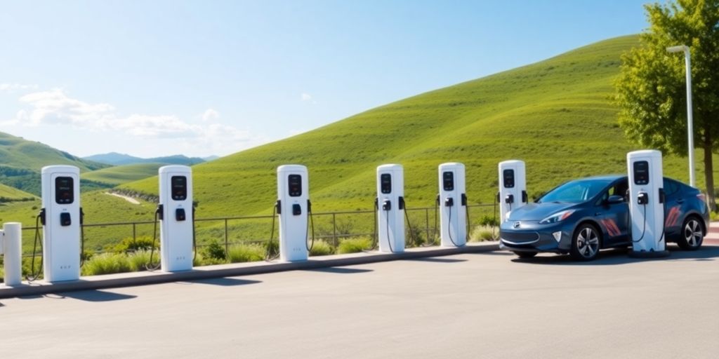 Electric vehicle charging stations in a sunny landscape.