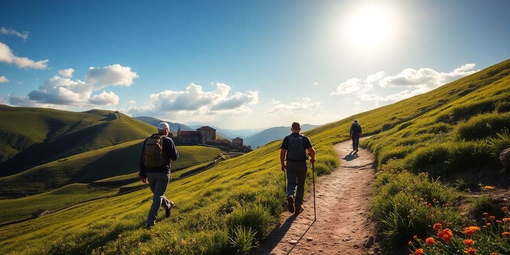 Caminante solitario en el Camino de Santiago, paisaje rural.