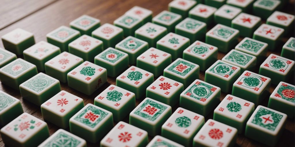 High-quality Mahjong tiles set arranged on a wooden table, showcasing intricate designs and vibrant colors.